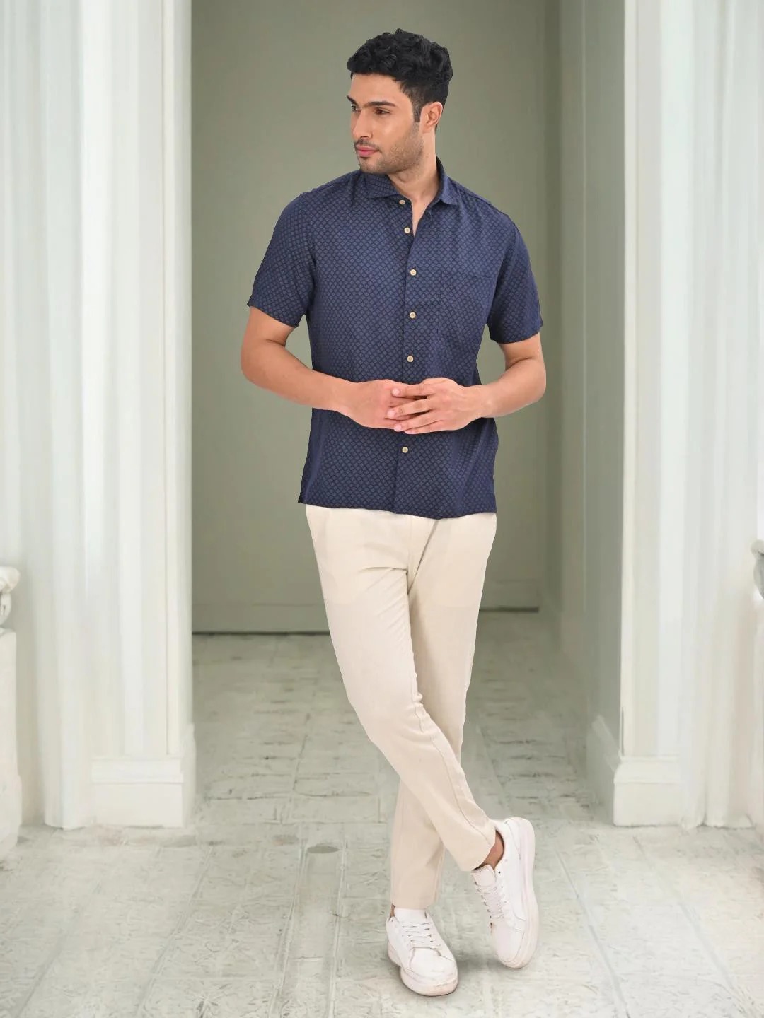 Indian Terrain Men's Regular Fit Half Sleeve Printed Dark Blue Shirt